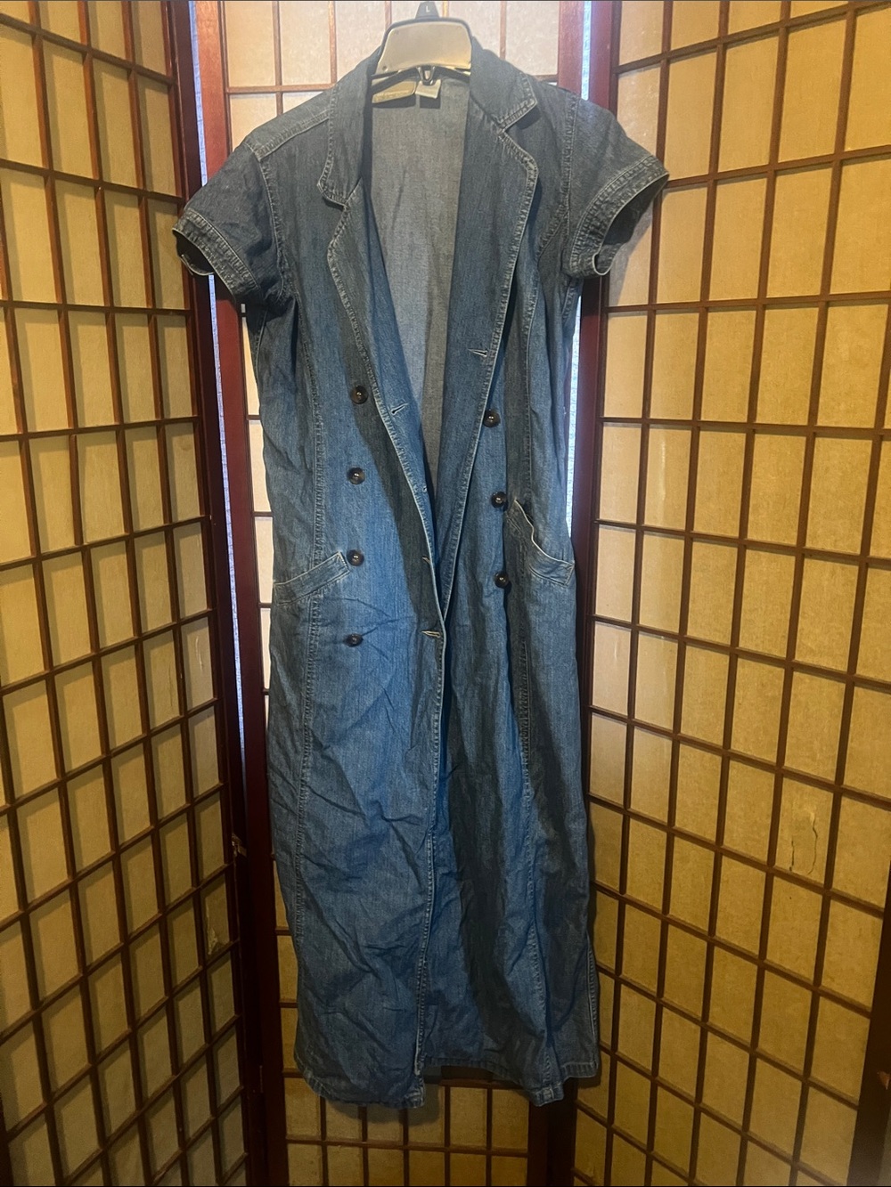 Denim Short-Sleeve Long Trench Dress - Blue